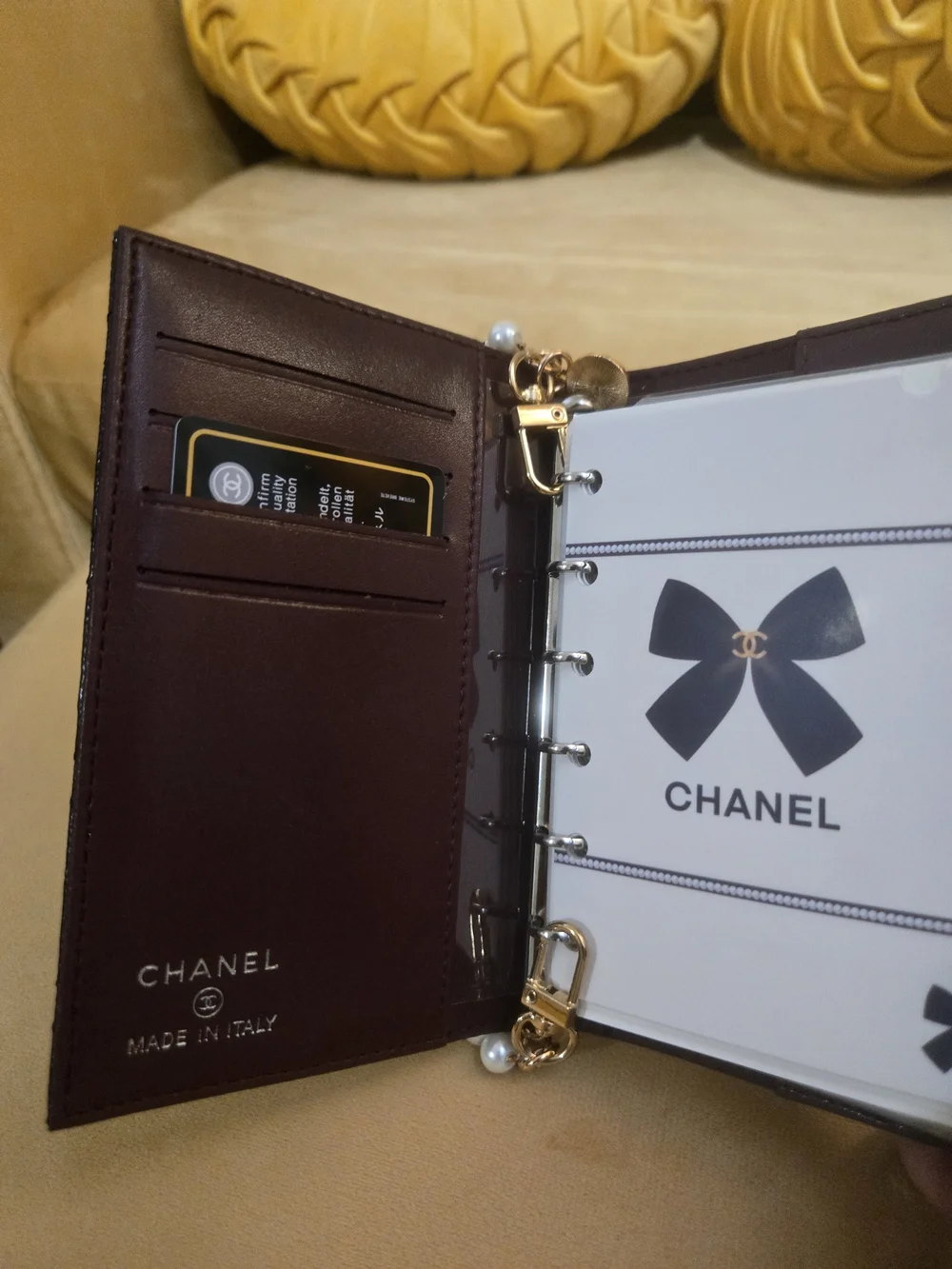 Chanel Black Quilted Passport Holder with Pearl-Chain